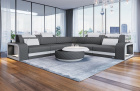 Sofa Foggia Mini L Form mit LED und Stoffbezug in grau - Mineva15 - Akzentfarbe weiß