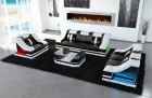 Leder Sofa Garnitur Turino 3-2-1 LED Beleuchtung in weiss-schwarz