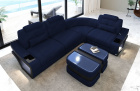 L Form Sofa Elena Mini mit LED und Stoffbezug in dunkelblau - Mineva17 - Nebenfarbe schwarz