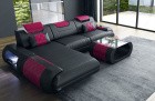 Designer Ledersofa Rimini L-Form mit Ottomane in schwarz-pink