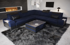 Mini L Form Sofa Trivento mit LED und Stoffbezug in dunkelblau - Mineva17 - Akzentfarbe schwarz