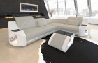 L Form Sofa Genua in Mini mit LED und Stoffbezug in elfenbein - Hugo1 Strukturstoff