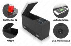 Box mit Stauraum, USB Anschluss, Induktions Ladestation und kühlenden Becherhaltern 