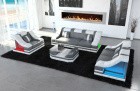 Leder Sofa Garnitur Turino 3-2-1 LED Beleuchtung in grau-weiss