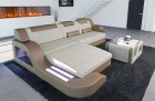 Leder Stoff Materialmix Sofa Garnitur Palermo L Form im Webstoff elfenbein - Hugo1