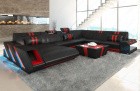 Designer Sofa in Leder Apollonia XXL mit LED und USB in schwarz-rot