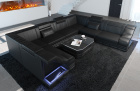 Moderne Leder Wohnlandschaft Bianchi U Form mit LED-Beleuchtung in komplett schwarz