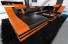 Turino U-Form Designer Wohnlandschaft mit LED Beleuchtung schwarz-orange