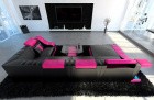 Sofa Wohnlandschaft Leder Turino U Form schwarz-pink