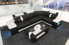Leder Couch Bergamo L Form LED in schwarz-weiss
