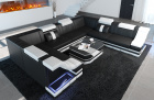 Moderne Leder Wohnlandschaft Bianchi U Form mit LED-Beleuchtung in schwarz-weiss