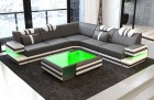 Luxus Couch Ragusa L Form Leder grau-weiss mit LED Beleuchtung RGB