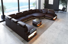 Sofa Wohnlandschaft Asti U Form mit Büffelleder Bezug in Dunkelbraun-Weiß mit LED-Beleuchtung