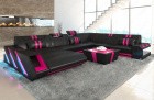 Design Sofa Apollonia XXL mit Ottomane und USB in schwarz-pink
