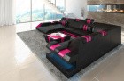 Design Sofa Apollonia XXL mit Ottomane und USB in schwarz-pink