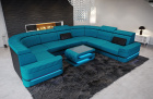 U Form Sofa Positano Mini mit LED, USB und in einem Stoffbezug in azurblau - Mineva23 - Nebenfarbe schwarz