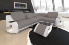 L Form Sofa Genua in Mini mit LED und Stoffbezug in hellgrau - Hugo19 Strukturstoff