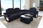L Form Sofa Elena Mini mit LED und Stoffbezug in Darkblue8B - Nebenfarbe schwarz
