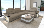 L Form Sofa Elena Mini mit LED und Stoffbezug in taupe - Mineva21 - Nebenfarbe weiß