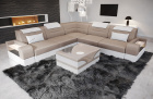 Mini L Form Sofa Trivento mit LED und Stoffbezug in beige - Altara1B - Akzentfarbe weiß