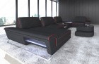 Designer Stoff Wohnlandschaft Ferrara U Form in schwarz - Mineva14 mit roten Ziernaht