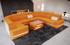U Form Sofa Positano Mini mit LED, USB und in einem Stoffbezug in apricot - Mineva16 - Nebenfarbe weiß