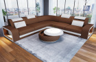 Sofa Foggia Mini L Form mit LED und Stoffbezug in hellbraun - Mineva5 - Akzentfarbe weiß