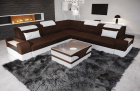 Mini L Form Sofa Trivento mit LED und Stoffbezug in dunkelbraun - Mineva7 - Akzentfarbe weiß