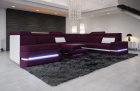 U Form Sofa Positano Mini mit LED, USB und in einem Stoffbezug in lila - Mineva13 - Nebenfarbe weiß