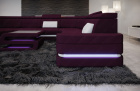 U Form Sofa Positano Mini mit LED, USB und in einem Stoffbezug in lila - Mineva13 - Nebenfarbe weiß