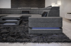 U Form Sofa Positano Mini mit LED, USB und in einem Stoffbezug in grau - Hugo5 - Nebenfarbe schwarz Strukturstoff
