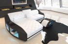 Moderne Leder Couch Swing mit LED Beleuchtung und Ottomane in weiss - schwarz