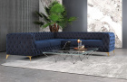 Luxus Stoff Ecksofa Sofa Cordoba L Form kurz in Dunkelblau mit goldenen Sofabeinen