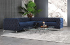 Luxus Stoff Ecksofa Sofa Cordoba L Form kurz in Dunkelblau mit silberen Sofabeinen
