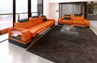 Couchgarnitur Parma 3er und 2er Sitzgruppe in orange-schwarz - Die LED Beleuchtung, USB Anschluss und Relaxfunktion sind optional erhältlich.