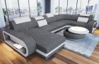 Stoff Sofa Couch Berlin U Form mit Ottomane und LED Beleuchtung in grau - Hugo 5