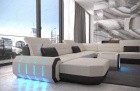 XL Stoff Sofa Strukturstoff Roma in beige mit LED Beleuchtung - Hugo 1