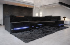 U Form Sofa Positano Mini mit LED, USB und in einem Stoffbezug in dunkelgrau - Hugo13 - Nebenfarbe schwarz Strukturstoff