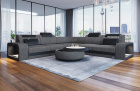 Sofa Foggia Mini L Form mit LED und Stoffbezug in grau - Hugo5 - Akzentfarbe schwarz Strukturstoff