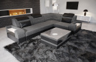 Mini L Form Sofa Trivento mit LED, USB und in Stoffbezug kurz in grau - Hugo5 - Strukturstoff