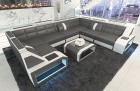 Sofa Wohnlandschaft Leder Pesaro U Form grau-weiss