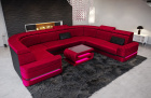 U Form Sofa Positano Mini mit LED, USB und in einem Stoffbezug in rot - SunVelvet1010 - Nebenfarbe schwarz