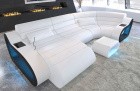 Leder Sofa München mit Recamiere und USB in weiss - schwarz