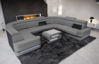 U Form Sofa Positano Mini mit LED, USB und in einem Stoffbezug in hellgrau - Mineva12 - Nebenfarbe schwarz