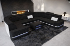 U Form Sofa Positano Mini mit LED, USB und in einem Stoffbezug in schwarz - Hugo14 Strukturstoff