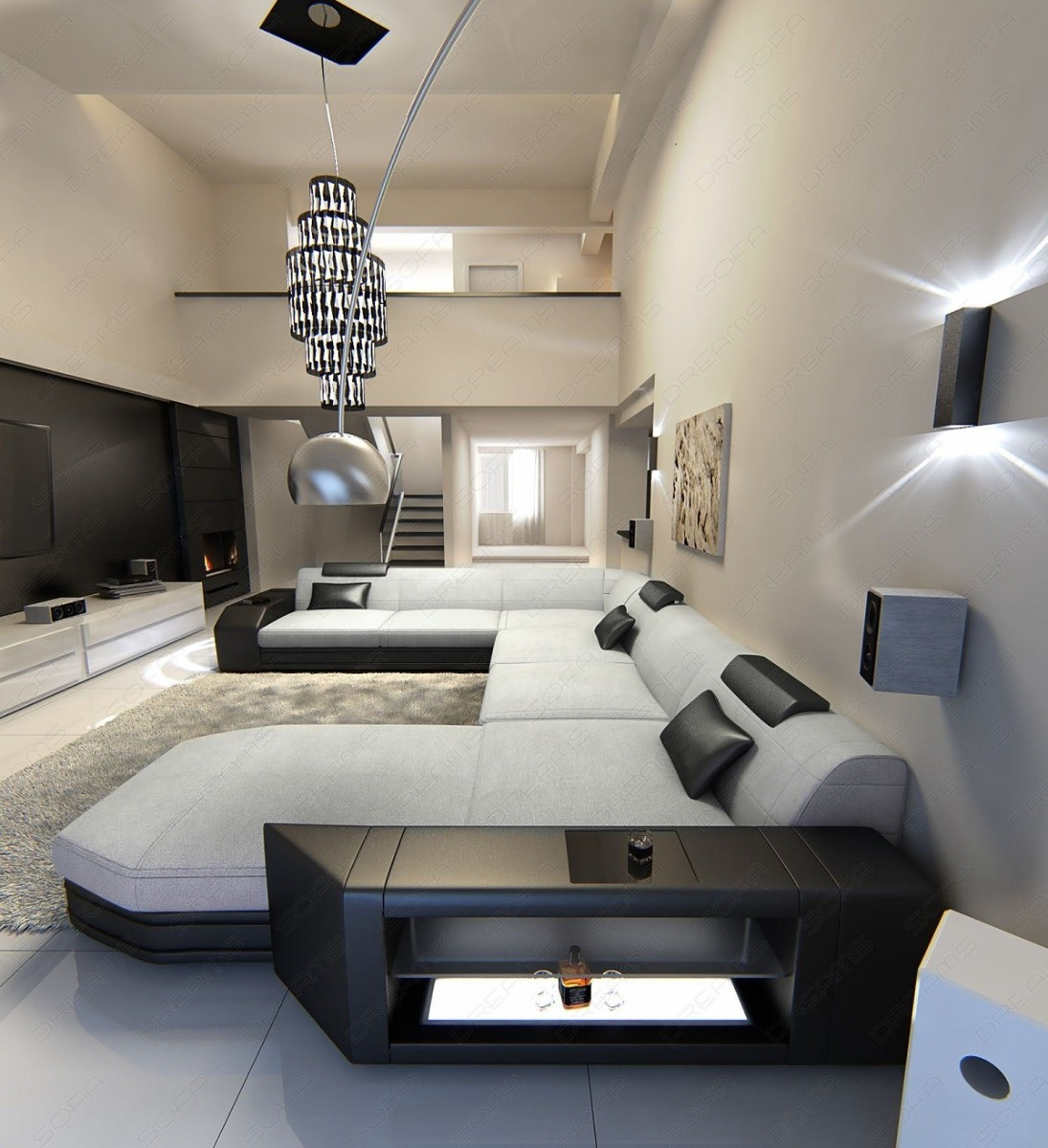 Sofa Wohnlandschaft Prato LED XXL mit Stoffbezug und