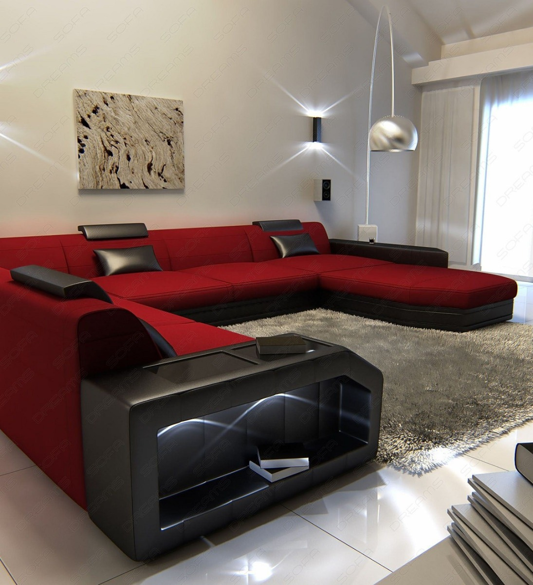 Sofa Wohnlandschaft Prato XXL mit LED und Stoffbezug