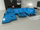 Ledersofa Couch Garnitur Messana U Form mit Ottomane in blau