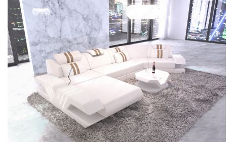Ledercouch Couch Venedig C Form mit Ottomane und LED Beleuchtung - weiss - sandbeige