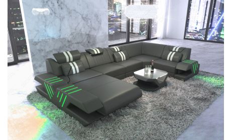 Leder Wohnlandschaft Venedig U Form mit LED Beleuchtung in grau - weiss